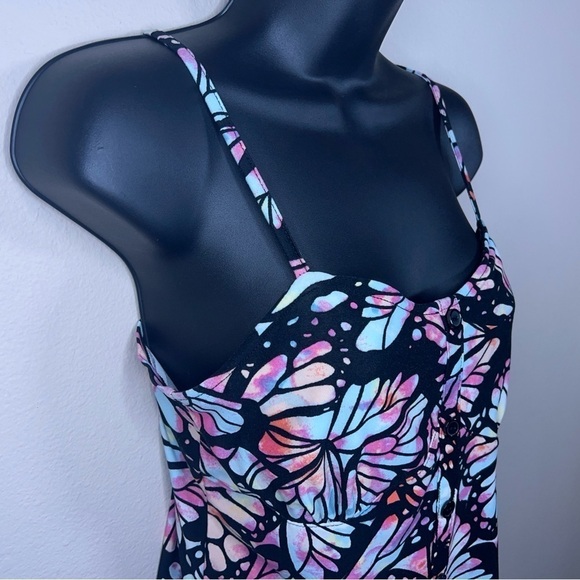 MEDIUM JUNIORS BLACK COLORFUL BUTTERFLY TANK RETRO SLEEVELESS STRETCH TOP - Picture 3 of 12